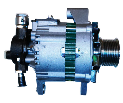 Mahindra OEM 12V 120‑amp alternator with vacuum pump, part E007700873D91, used on 7060, 8560, and mPower 75P/85P cabin tractors to power electrical and emissions systems.