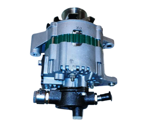 Mahindra OEM 12V 120‑amp alternator with vacuum pump, part E007700873D91, used on 7060, 8560, and mPower 75P/85P cabin tractors to power electrical and emissions systems.