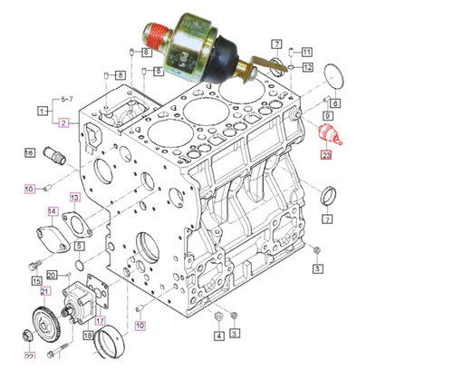 Mahindra oil pressure switch E5500-39013 shown as a threaded metal sender with a single electrical terminal that screws into the engine block on Mahindra 10 Series and eMax 22/25 tractors to signal oil pressure status to the warning lamp.