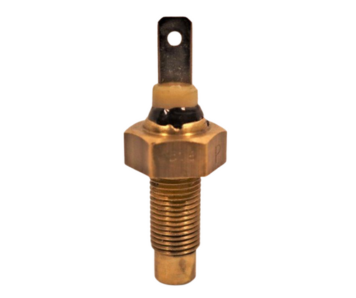 Mahindra coolant temperature sensor 007704427B91 shown as a threaded brass Pricol sender that screws into the engine coolant passage on 4540/4550/4565, 5555/5570 and mPower 75/85 tractors to relay engine temperature to the instrument panel gauge.