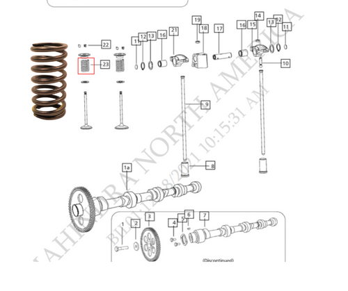 Mahindra valve spring 005557570R1 stiffened engine valve spring used in cylinder head and valve train assemblies on multiple Mahindra tractor series to return intake and exhaust valves and maintain correct valve timing and sealing.
​