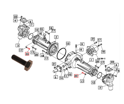 Mahindra front axle mounting bolt 19483157000 for 1533, 1538, 1635, and 1640 4WD T4 tractors, OEM hex bolt used in the front axle and brake section to fasten housing and related components.