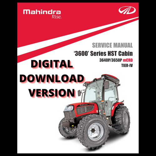 Digital service manual cover for Mahindra 3640/3650 HST cab tractors, 528‑page PDF workshop manual with diagnostic charts, hydrostatic transmission and axle service procedures, hydraulic and PTO repair sections, and basic electrical system information; wiring diagrams are present but mostly unreadable in the scanned digital copy.