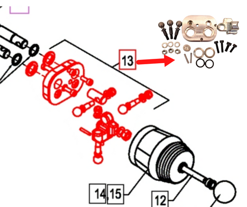 Mahindra/Buhler loader joystick mechanism BUH814534 for ML230, ML232, and ML262 loader valve service parts, controlling loader lift and bucket functions.