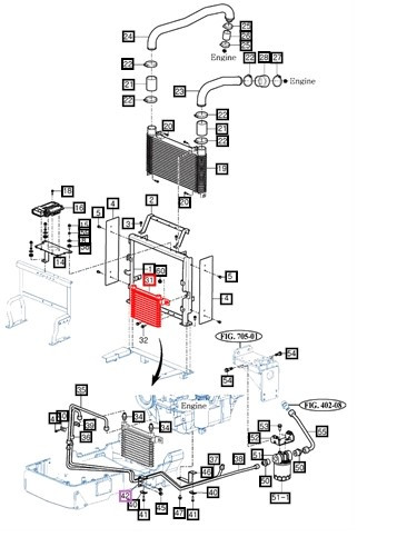 Mahindra oil cooler 14721062003 for 10 Series 2310, 2810, 3510, 4010 and 2500/2600 Series 2555, 2655, 2660 and 2670 tractors, used in the engine accessories & control intercooler and oil cooler groups to cool engine or HST oil.