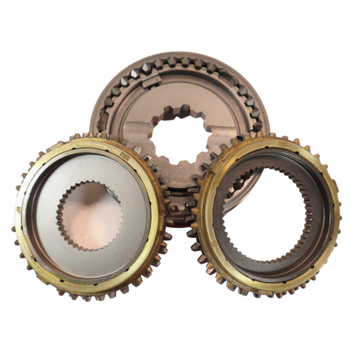 Mahindra synchropack assembly 1st & 2nd gear 000012068P04 shown as a complete synchronizer hub, sleeve and cone pack that mounts on the speed top shaft of 5520, 6520, 7520, 7060, 8560, mPower 75/85 and 8090/8100 transmissions to provide clash‑free 1‑2 gear shifts.