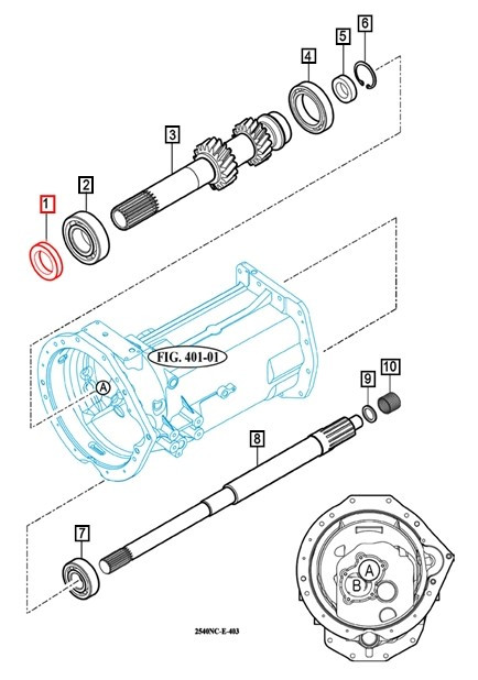 Mahindra transmission input shaft oil seal V7441304508 shown as a circular rubber‑covered metal seal with a single lip and spring that presses around the input shaft to retain gear oil in the transmission housing on Mahindra 2310, 2810, 4010, 2540, 2545 and 2645 tractors.