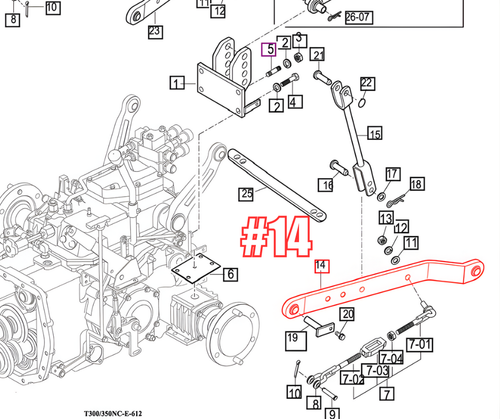 Mahindra LH lower lift arm 16705142001GB shown as a heavy steel left‑hand 3‑point hitch arm with ball ends that connects the tractor rockshaft to implements on 2540, 2545, 2645 and 4010 tractors.