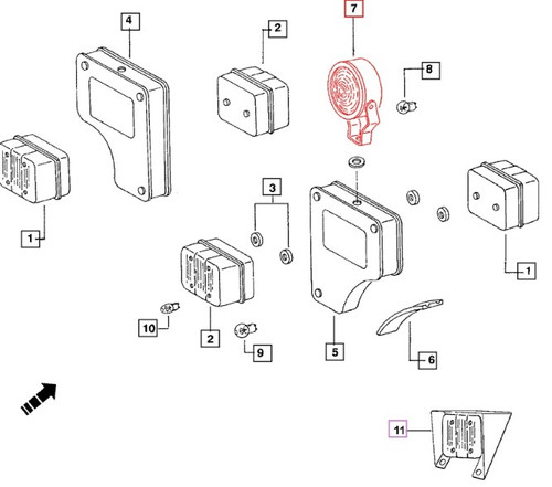 Mahindra plow light 005557243R91 is a rectangular work lamp used as the plow lamp on 05 Series 3505, 4505, 5005 and E350, 25 Series 3325 and 3525 T2, and C Series C27 and C35 tractors in the plow lamp and 3‑in‑1 lamp or plow lamp assembly groups. This OEM plow light, cross‑referenced to E005557243R91 and 005556680R92 and listed on multiple fast moving parts lists, provides forward work lighting for night or low‑visibility field work.