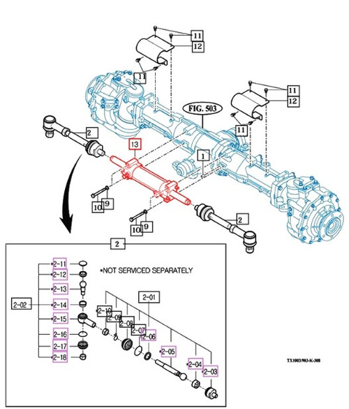 Mahindra power steering cylinder 19154055100 without ball joints for mForce 105 Premium Standard and mForce105XL tractor front axle steering system.