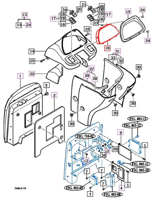 Mahindra 18716452101 molded dash cover meter panel assembly for mForce 105 and mForce105XL tractor cabins, contoured black dashboard surround that houses the instrument cluster and switches in the cabin.