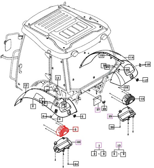 Mahindra left hand rear combination tail lamp assembly 18717812300 for 9110 9125 mForce 105 and mForce105XL tractor cabins.