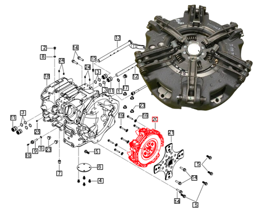 Mahindra clutch cover assembly 006518201V91 shown as a heavy‑duty multi‑spring pressure plate that bolts to the flywheel on 5145 and 5155 4WD tractors, engaging the clutch disc to drive the transmission.