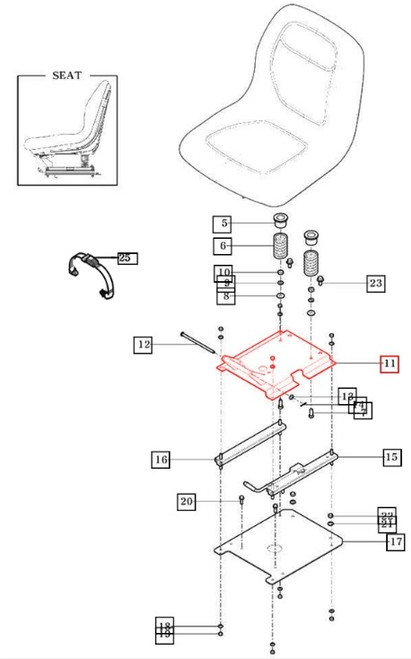 Mahindra seat frame assembly 11106112100GB for eMax 22 25 eMax 22 Steel eMax L22 and eMax L25 HST and gear tractors.