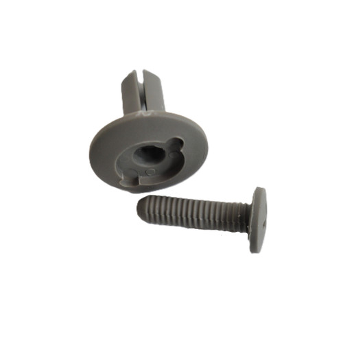 Mahindra two-piece plastic rivet set 12396040030 17686040030 with one male and one female half for securing liners and body panels on eMax 22 25 2538 2545 2555 2565 2638 2645 5010 6010 9110 9125 and mFORCE 105 tractors.