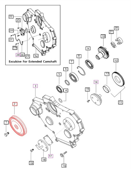 Mahindra front cover drive pulley 000020163E05 on crankcase front cover for belt drive on 4500 5500 6000 6500 5525 6025 4530 5530 6030 and 6530 tractors