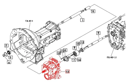 Genuine Mahindra hydrostatic transmission unit 19481750000 for 1533, 1538, 1635, and 1640 HST tractor configurations, shown as transmission diagram item 13