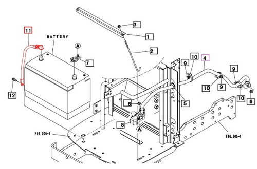 Mahindra negative battery ground cable 10402803000 for 2815 3215 1533 1538 3316 1635 1640 Max 26XLT and Max 25 XL tractors, heavy black cable with eyelet lugs that connects the battery negative post to the tractor frame to complete the electrical ground circuit.