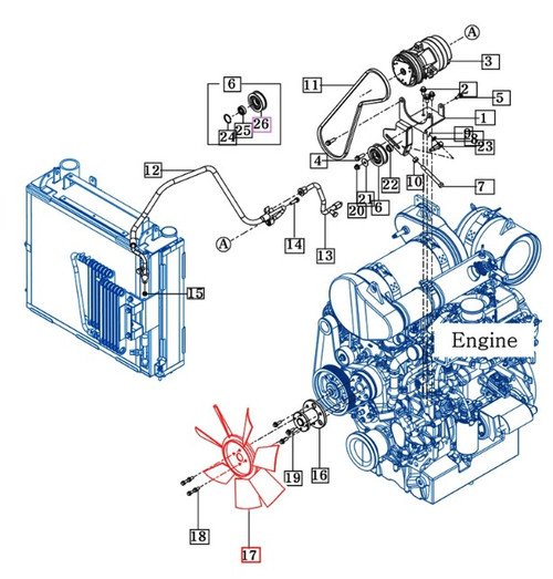 Mahindra D430 engine cooling fan 15891030790 for 9110 and 9125 cab tractor radiator and intercooler airflow.
