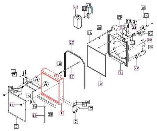 Mahindra radiator 18501042100 for 9110 and 9125 cab tractor engine cooling system mounted in front of the engine.