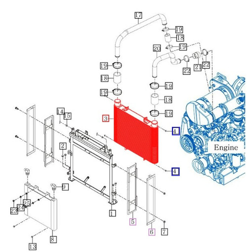 Mahindra intercooler assembly 15801042000 for 9110 and 9125 cab tractor charge air cooling between turbocharger and engine intake.