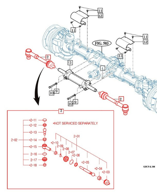 Mahindra power steering ball joint assembly 19024363001 for 9110 9125 and mForce 105 tractor steering cylinder to front axle linkage.