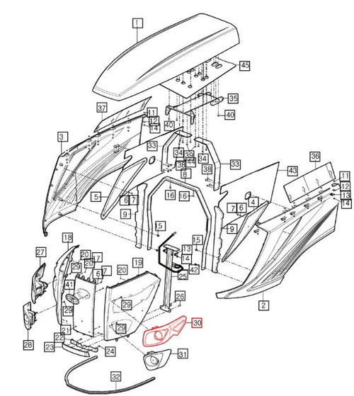 Mahindra upper left hand headlamp assembly 15896565000 for 9110 and 9125 cab tractor hood lighting.
