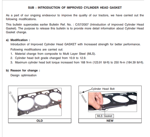 Mahindra cylinder head gasket MLS 006000798F2 multi-layer steel head gasket for 4-cylinder 5500 5520 5525 5530 6000 6025 6030 6500 6520 6530 7010 7085 7095 7520 8090 8100 8560 9110 9125 tractors.
