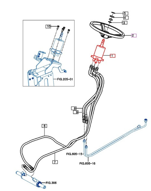 Mahindra hydrostatic steering unit 11614071000 for eMax 20S HST OS and cab tractor steering valve controlling hydraulic flow to the front axle steering cylinder.