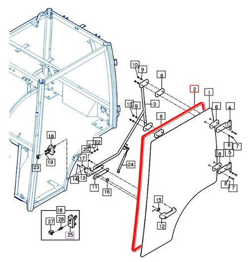 Mahindra eMax 20S left hand cab door glass insulator weather strip 11297039030 sealing the door frame against dust water and noise.
