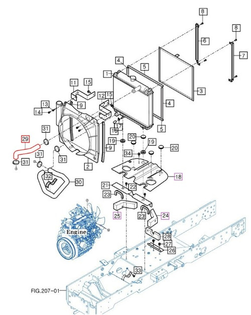 Mahindra radiator inlet hose 11611511400 for Mahindra eMax 20S HST open station and cab tractors, used in the engine cooling system to carry coolant into the radiator.