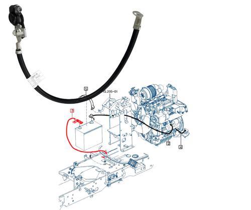 Mahindra negative battery ground cable 11636684300 (wire earth) for eMax20S HST OS and Cabin tractors, used in the battery mounting group to connect the battery negative terminal to the tractor chassis.