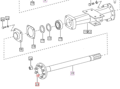 Mahindra rear wheel hub bolt 006501063R1 / 005555827R2 for Mahindra 3505 4505 4005 5005 3525 3825 4025 4525 5525 6025 6525 4540 4550 4565 5545 5555 5565 and 5570 tractors, used to secure the rear wheel 8x4 rim to the hub on the rear axle assembly.