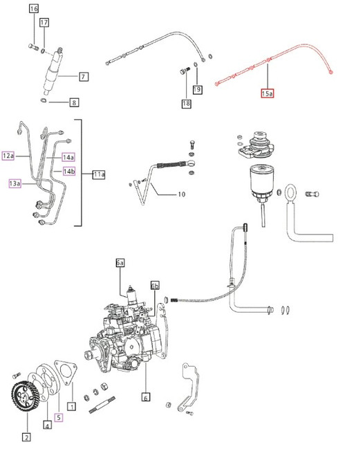 Fuel spill pipe assembly 006009509D1 for Mahindra 4535 gear and 5035 gear HST and PST tractors connecting injector spill ports to the fuel return line