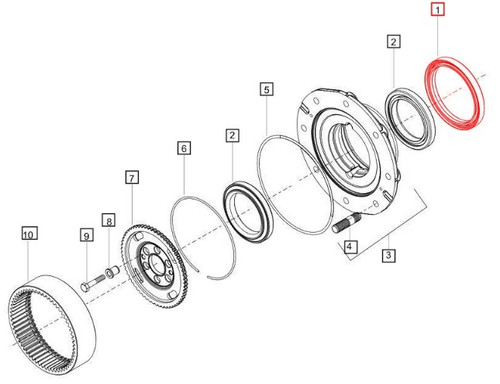 Mahindra front wheel hub oil seal ring 006514874U1 for Mahindra 6065 6075 7085 and 7095 tractors with Carraro 20.16 front axles, used in the front wheel hub assembly to retain oil and protect the bearings from contamination.