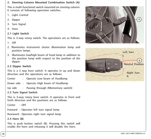 Mahindra steering column combination switch E007703399C92 for 6065 6075 7085 7095 8090 and 8100 tractor headlights and turn signal controls.