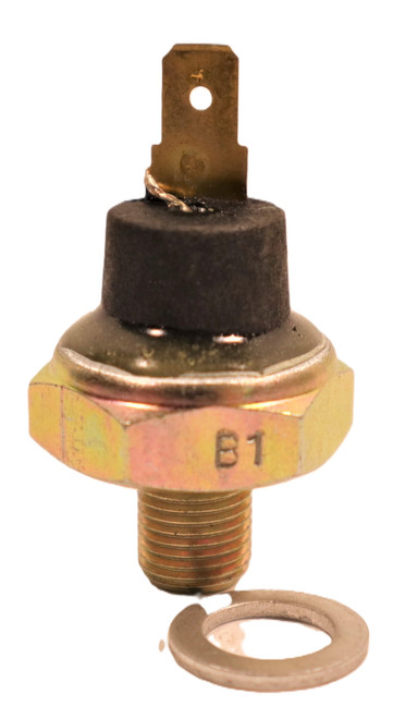 Mahindra oil pressure switch 007705350B91 / 000013085P05 shown as a compact threaded sender with a single spade terminal that screws into the engine block or oil gallery on multiple Mahindra tractor models to sense oil pressure and operate the dash warning lamp.