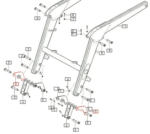 Mahindra / TYM loader plate comp link 85902003600MR shown as a heavy steel linkage plate with multiple pivot holes that mounts in the boom assembly as item 5 on ML151, ML156, ML161 and 2555/2565/2655/2665 series loaders, used in pairs to transfer motion between boom and bucket linkages.