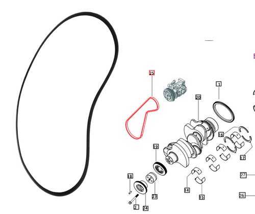 Mahindra A/C compressor belt 006026635H1 shown as a multi‑rib serpentine‑style belt that wraps around the crankshaft and A/C compressor pulleys on Mahindra 6065 and 6075 4WD cab Tier 4 tractors to drive the air‑conditioning system.
