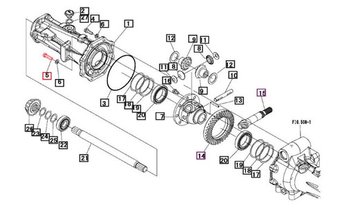 Mahindra front axle and MFD PTO bolt 6954264700 for 2015 2216 2615 2816 3015 3016 3616 1526 1626 and Max 22 24 25 26 28 compact tractors, securing components in the front axle housing, MFD PTO drive, steering knuckles, axle brake and related chassis assemblies.