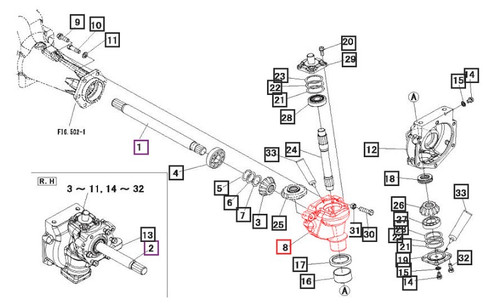 Mahindra front gear kingpin case 19632136AG0 19632136BR0 for 2015 2216 Max 22 Max 24 Max 25 and Max 25 XL tractors, mounted on the MFD front axle to support the kingpin, spindle and drive gears for the front wheel hub.