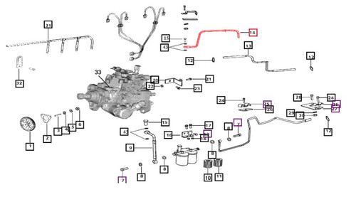 Mahindra fuel injection pump overflow pipe 006000920F1 for Mahindra 7520 2WD 7520 4WD and 7010 cabin tractors, mounted on the FIP side to carry excess fuel away from the pump into the return line to reduce pressure and prevent leaks.