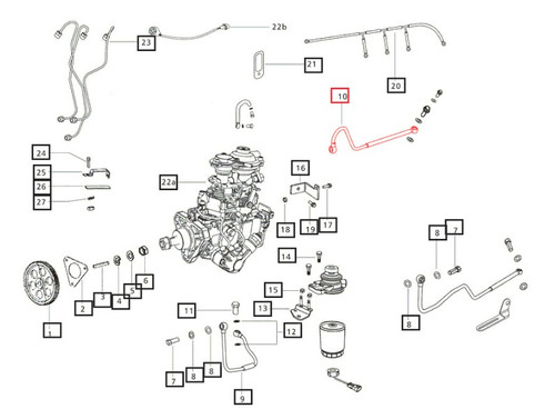 Mahindra FIP overflow pipe 006007516F2 shown as a small pre‑bent steel line connecting the H1 and H2 overflow ports on the injection pump to the fuel return/overflow circuit on 5530, 6030 and 6530 T3 tractors.