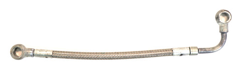 Mahindra high pressure lubrication line 006016137D1 shown as a small pre‑bent steel tube with flare fittings that routes pressurized engine oil from the crankcase gallery to the high pressure fuel pump body on various Mahindra Tier 4 tractor and Roxor engines to lubricate the pump internals.