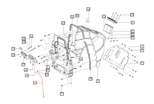 Mahindra hood latch release cable 007535776D1 for Mahindra 5520 6520 7520 7060 8560 mPower 75 and mPower 85 tractors, used in the scuttle assembly to link the interior hood release lever to the front hood latch for opening the hood.