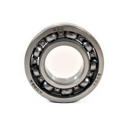 Mahindra 6004 spec ball bearing V6001106004 used in multiple transmission and rear axle locations including 4WD drive gears, PTO clutch and drive shaft, input/counter gears, reverse gears, lower link and lift rod, front drive, spiral bevel pinion, and mid PTO idler on 10 Series and eMax tractors.