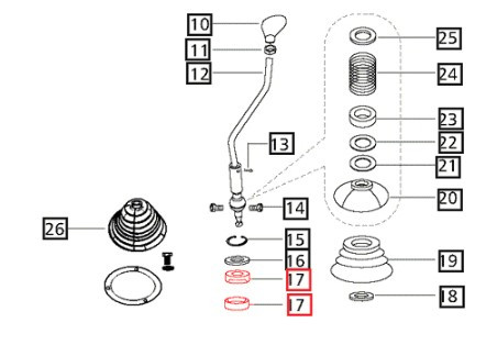 Mahindra nylon seat 006503408C1 (alt 000030837B11 and 000030837B12) for gear shifter lever, quantity 2 required but sold per each, used in gear shifter mechanism and transmission case cover front or cross shaft assemblies on 6025, 4025, 4500, 5500, 6000, 6500, 4530, 5530, 6030, 6530, 6525, 4540, 4550, 4565, and 5545 tractors.
