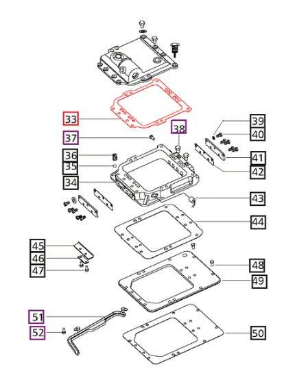 Mahindra transmission lever housing gasket 006502873C2 (alt 006502873C1 and 000031165B12) for sealing gear shifter mechanism and transmission case cover front on 4025, 4500, 4540, 4550, 4565, 5500, 6000, 6025, 6500, and 6525 tractors.