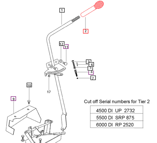 Mahindra black plastic knob 007600542D1/E007600542D1 (also used as 005556823R2 and 005553928R2) for hand accelerator, auxiliary hydraulic valve, and direction control levers on a wide range of Mahindra 25, 00, 20, 30, 4500, 5500, 60, and mPower Series tractors.