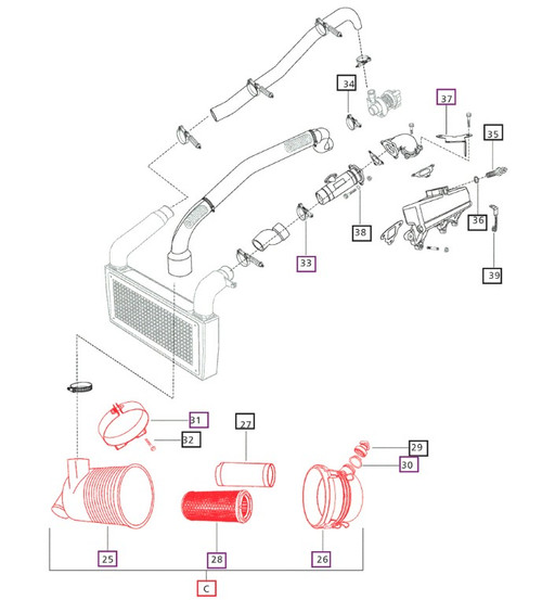 Mahindra 7 inch Donaldson complete air cleaner assembly E006008306F91 006008306F91 for the engine air intake system on Mahindra 5530, 6030, 6530, 5555, 5565, and 5570 tractors.